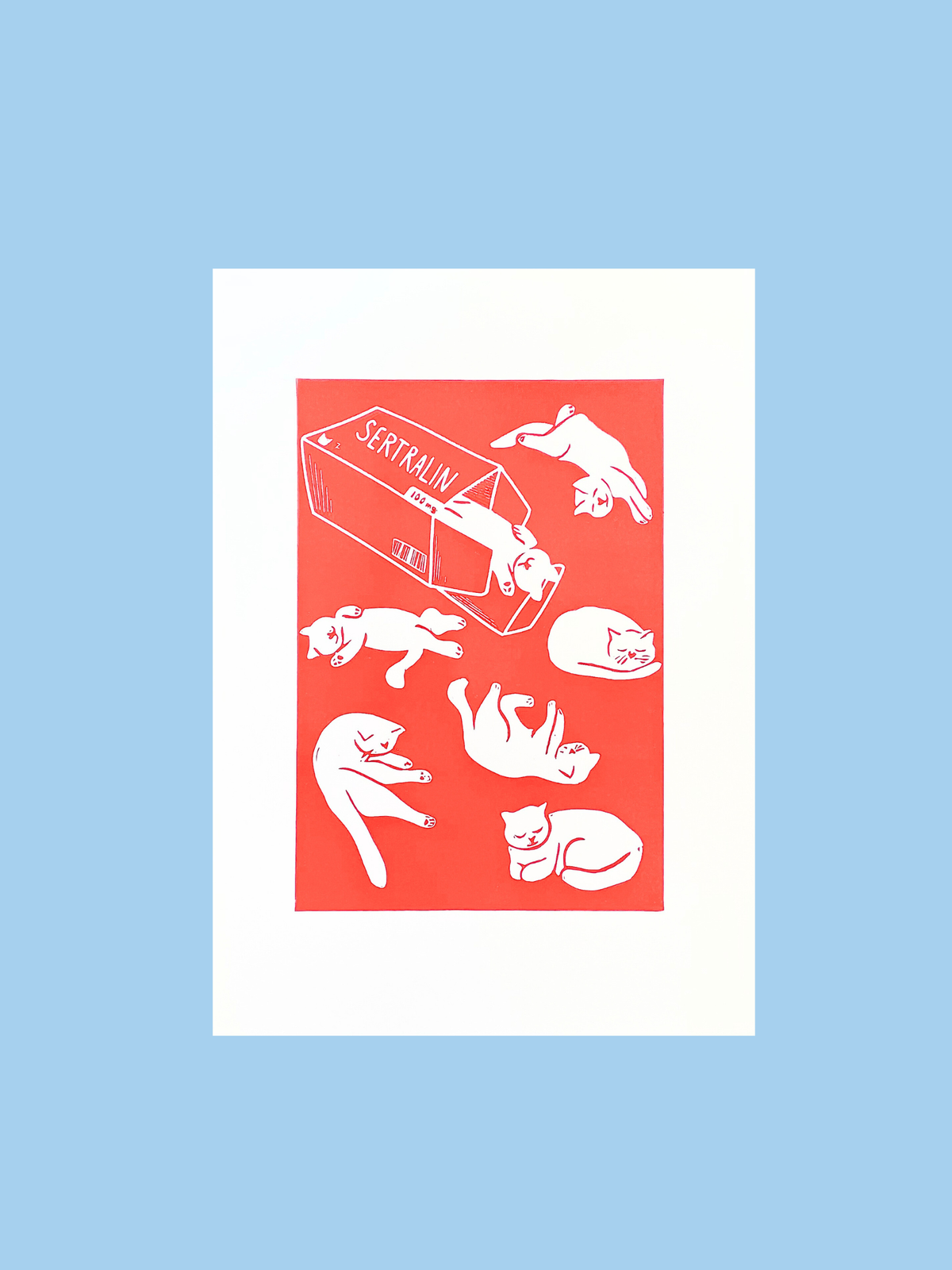 Happy cats - håndlavet linoleumstryk i A3