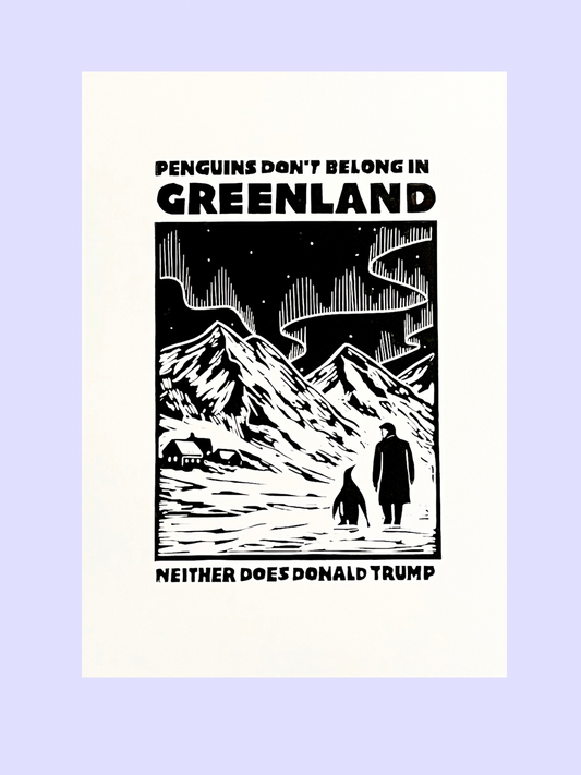 Trump & Penguins - håndlavet linoleumstryk (vælg farve)