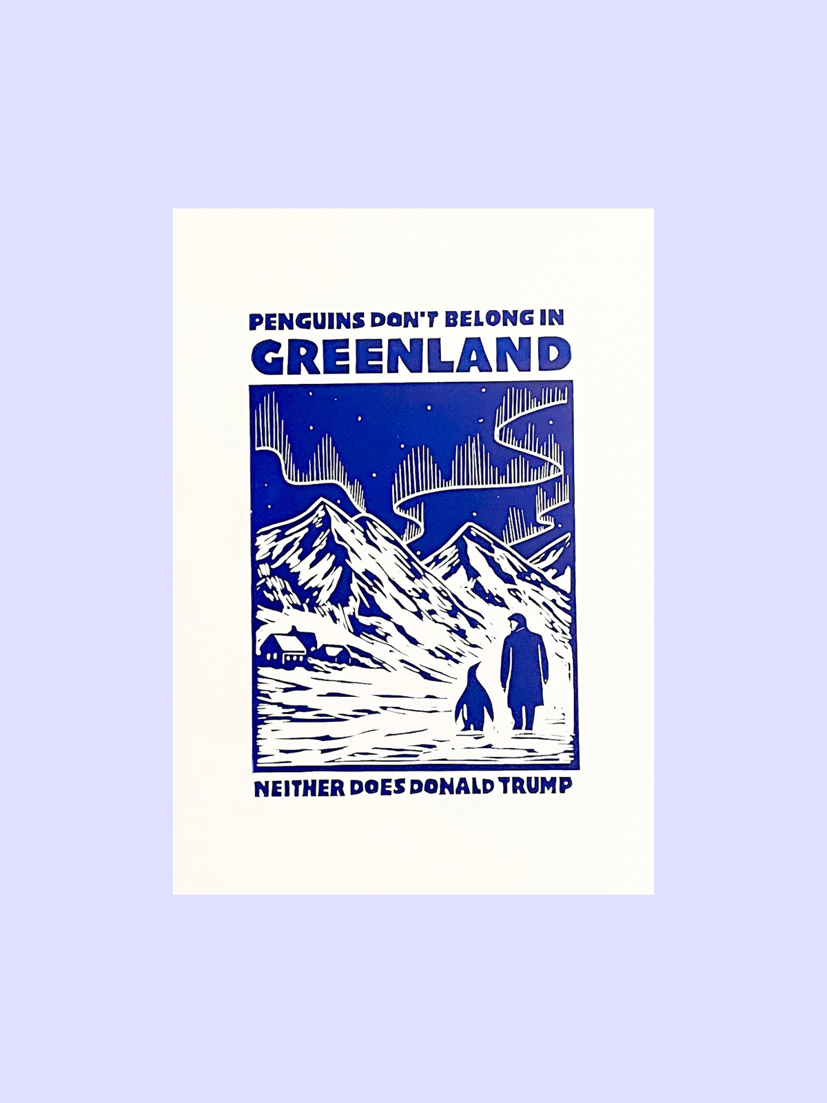 Trump & Penguins - håndlavet linoleumstryk i A3