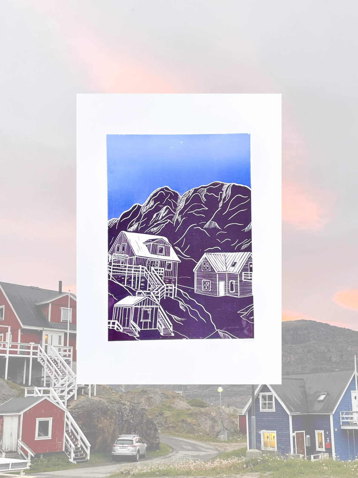 Præstefjældet, Sisimiut - håndlavet linoleumstryk i A2