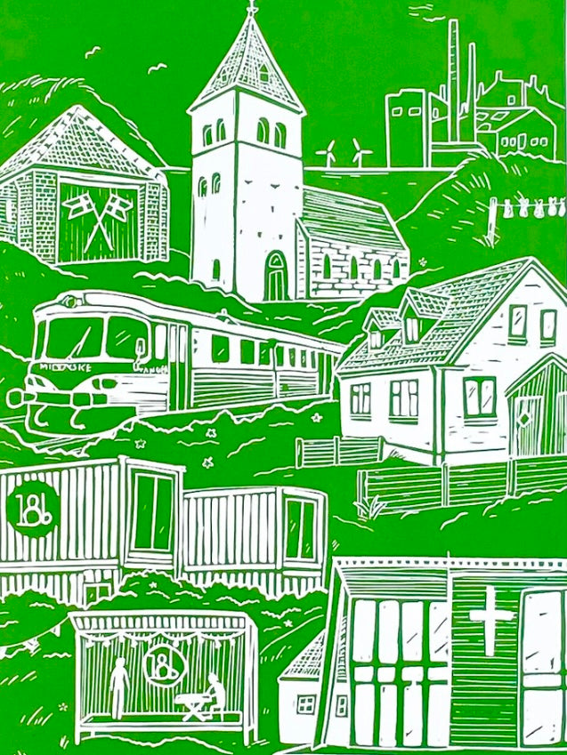 Harboøre – håndlavet linoleumstryk i A3 fra Lino.Memories