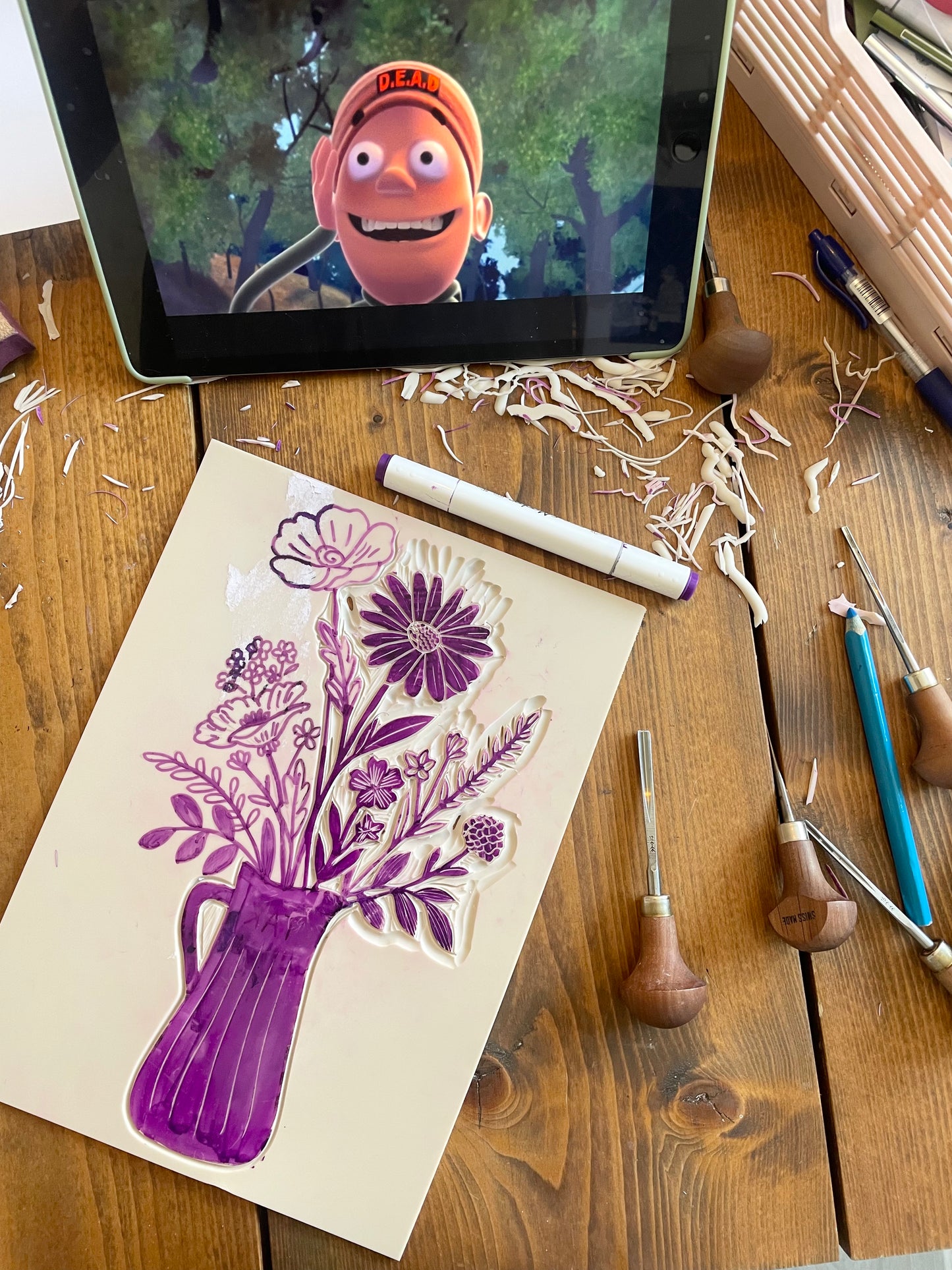 Evighedsbuketten - håndlavet linoleumstryk (vælg farve)