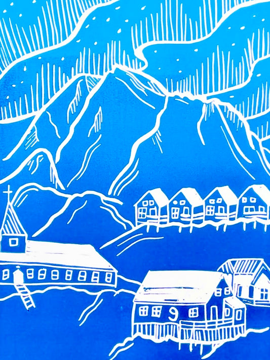 Sisimiut, Grønland - håndlavet linoleumstryk (vælg farve)