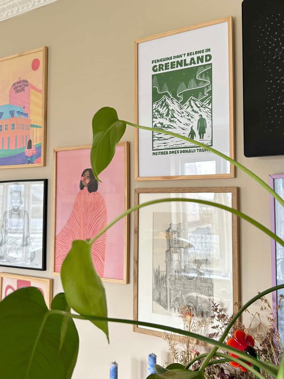 Trump & Penguins - håndlavet linoleumstryk (vælg farve)