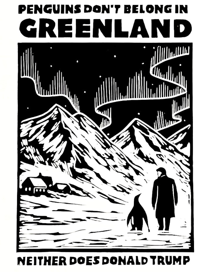 Trump & Penguins - håndlavet linoleumstryk (vælg farve)