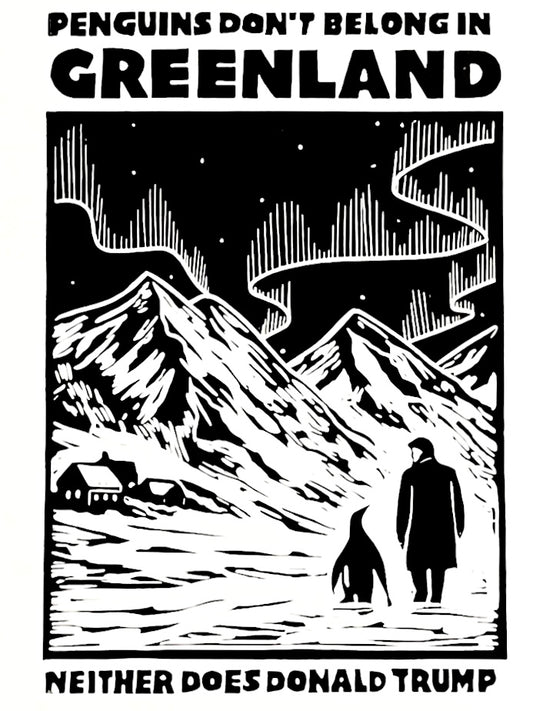 Trump & Penguins - håndlavet linoleumstryk (vælg farve)
