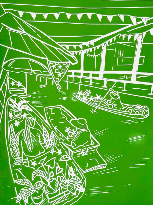 Floating Market, Bangkok, Thailand - håndlavet linoleumstryk (vælg farve)