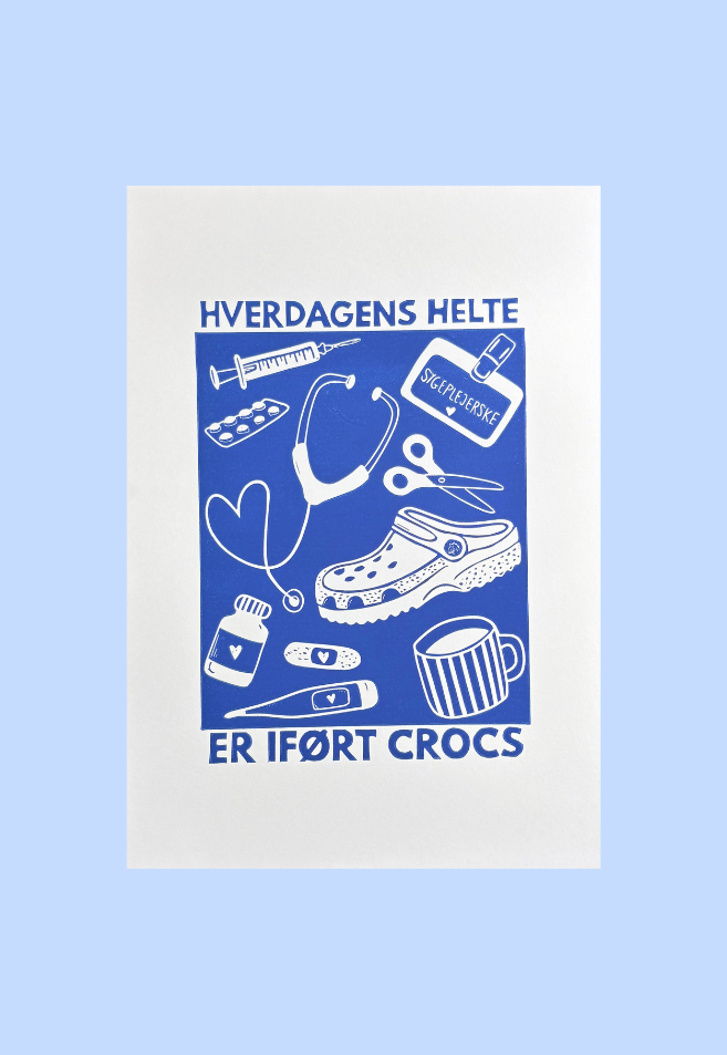 Sygeplejerske, hverdagens helte - håndlavet linoleumstryk (vælg farve)