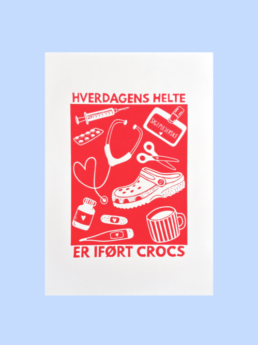 Sygeplejerske, hverdagens helte - håndlavet linoleumstryk (vælg farve)