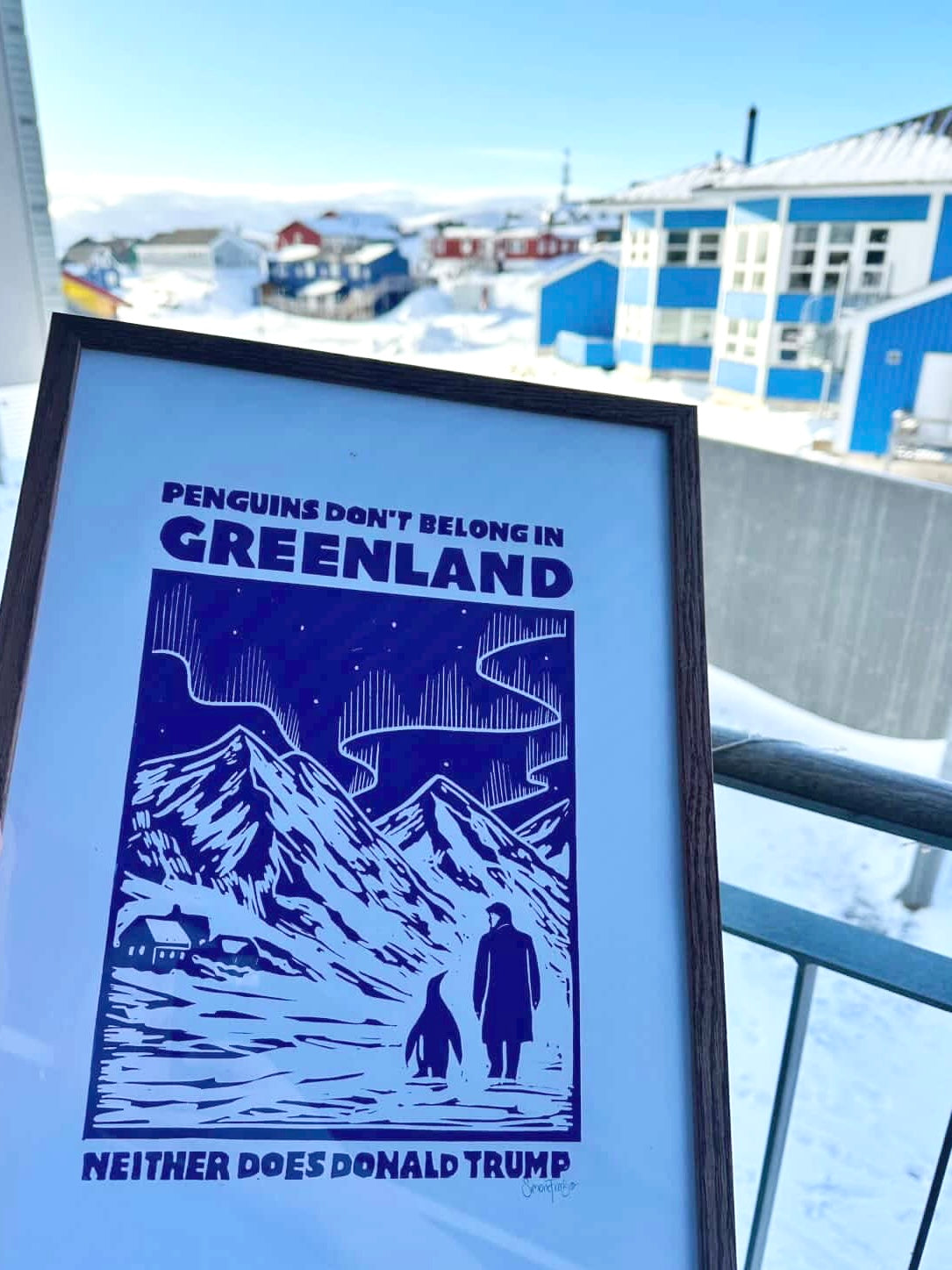 Trump & Penguins - håndlavet linoleumstryk (vælg farve)