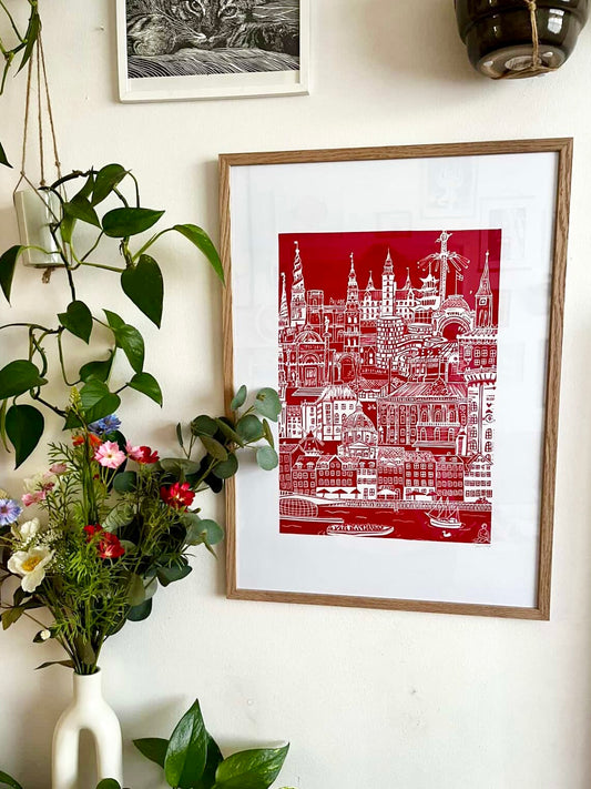 København - håndlavet linoleumstryk (vælg farve)