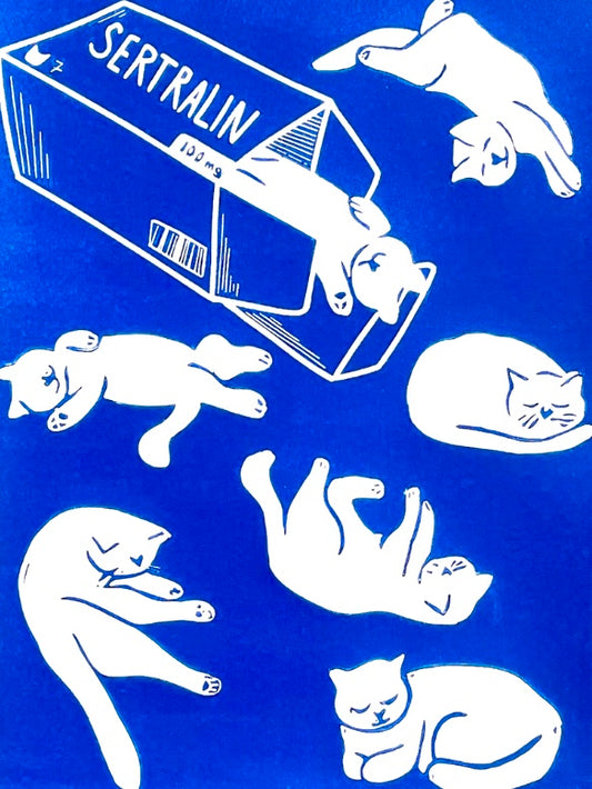 Happy cats - håndlavet linoleumstryk (vælg farve)