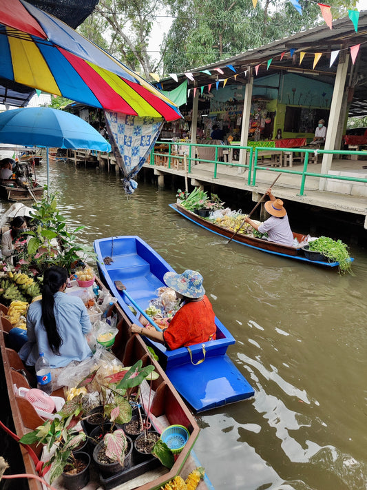 Floating Market, Bangkok, Thailand - håndlavet linoleumstryk (vælg farve)